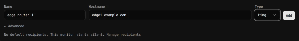 Creating a ping monitor in the UptimeMonitoring dashboard, with Type set to Ping and Hostname set to edge1.example.com