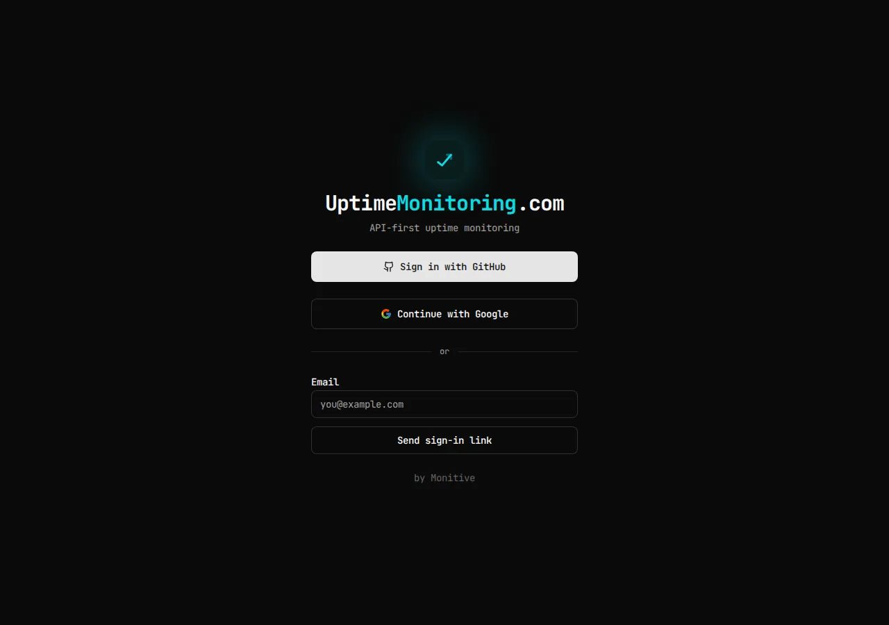 UptimeMonitoring’s sign-in page, showing Sign in with GitHub, Continue with Google, and an email field