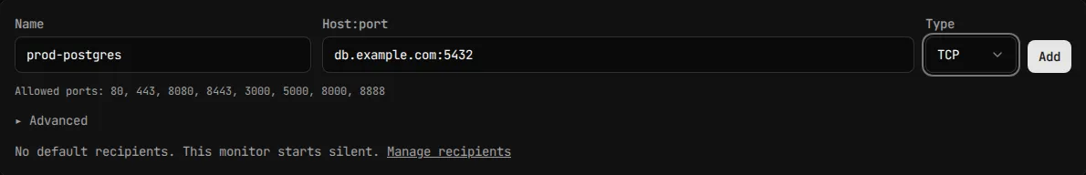 Creating a TCP monitor in the UptimeMonitoring dashboard, with Type set to TCP and Host set to db.example.com