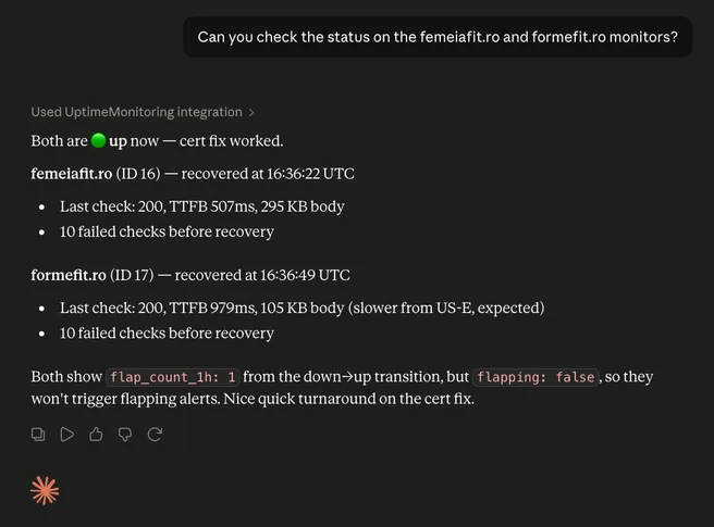 Asking Claude to check the status of two monitors; Claude uses the UptimeMonitoring integration and reports both are up, with recovery times, latency, and flap counts