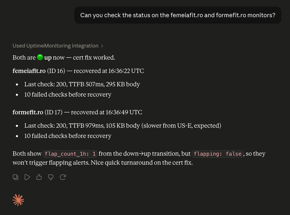 Asking Claude to check the status of two monitors; Claude uses the UptimeMonitoring integration and reports both are up, with recovery times, latency, and flap counts