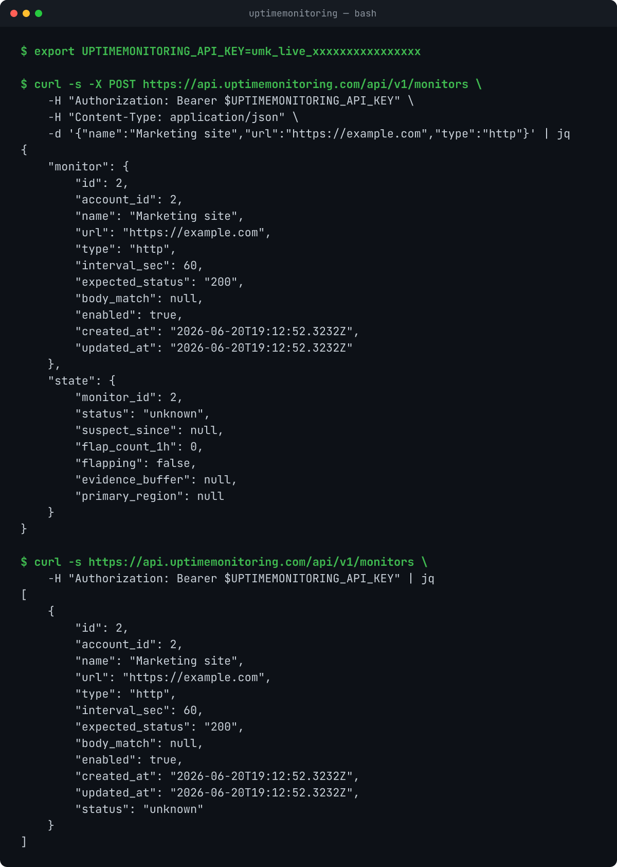 Creating and listing a monitor with curl against the UptimeMonitoring API, showing the real JSON response